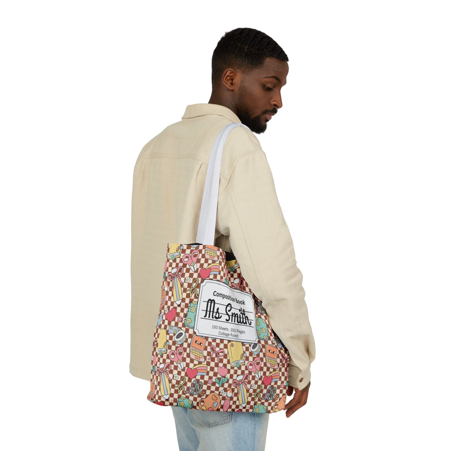 Personalized Brown Doodle Daydream Composition Book Inspired Canvas Tote Bag with Colorful Straps, Cute School Bag, Eco-Friendly Tote, Back to School Shopping Bag, Teacher Gift Idea