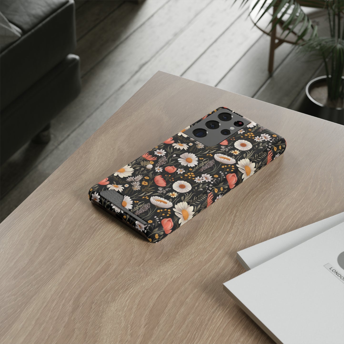 Blossom Elegance: Noir Garden iPhone and Samsung Case With Card Holder