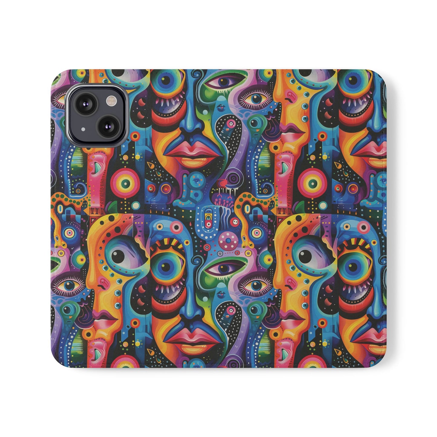 Psychedelic Visions Vibrant Art Flip iPhone and Samsung Phone Case - Colorful Faces Design for Phone Protection