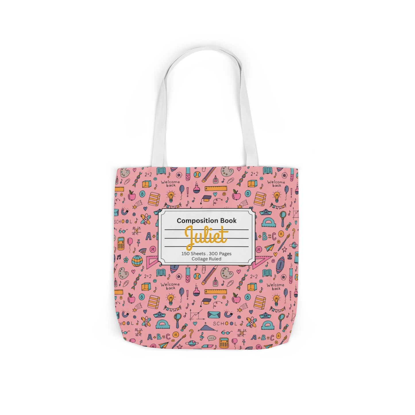 Personalized Pink Chalkboard Chic Composition Book Inspired Canvas Tote Bag with Colorful Straps, Cute School Bag, Eco-Friendly Tote, Back to School Shopping Bag, Teacher Gift Idea