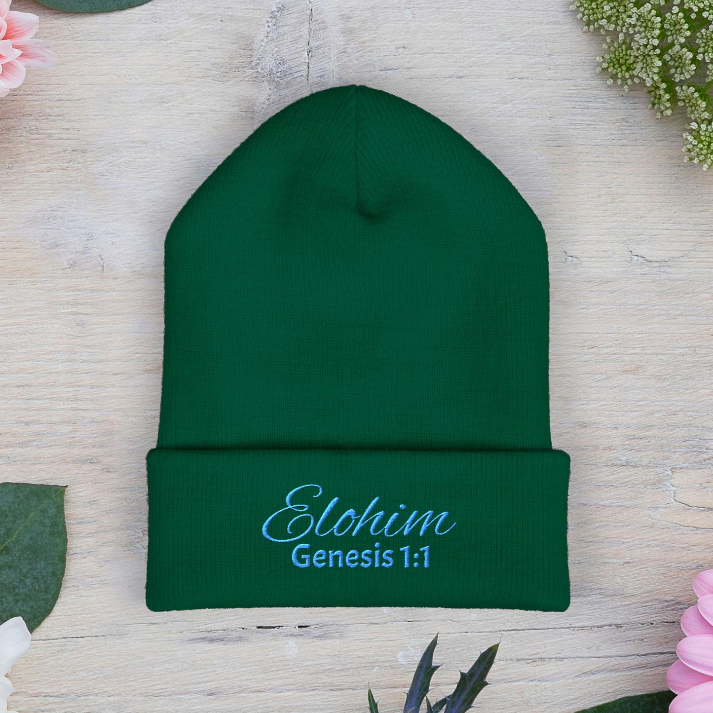 Teal Embroidered 'ELOHIM, GENESIS 1:1' Classic Cuffed Beanie - Cozy Winter Hat, Streetwear Accessory, Personalized Gifts, Religious Apparel, Unisex Beanie
