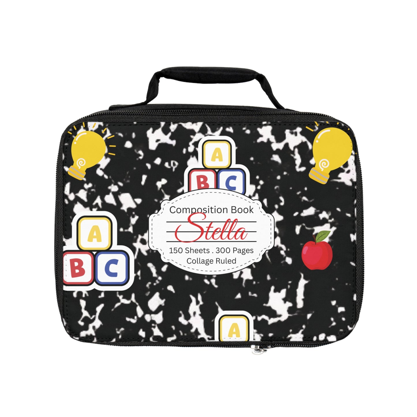 Personalized Black Composition Book Inspired Colorful Kids Lunch Bag for School, Snack Bag, Lunch Tote, Lunchbox, Kids' Bag with Fun Back to School Design