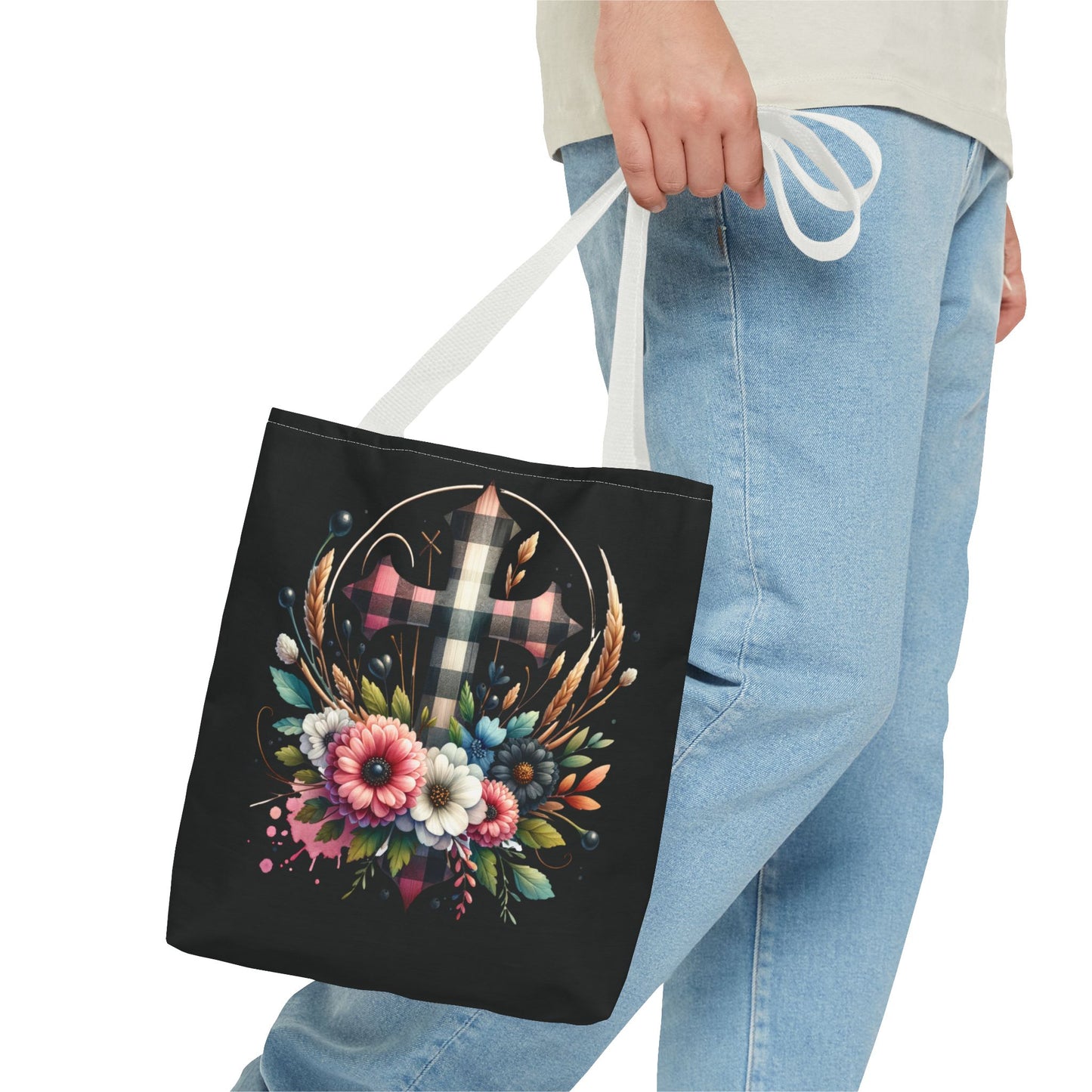 Faith and Floral Cross Heart Tote Bag