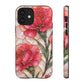 Stained Glass Effect Carnation Floral Tough Phone Case – Pink Vintage Botanical Protective Cover