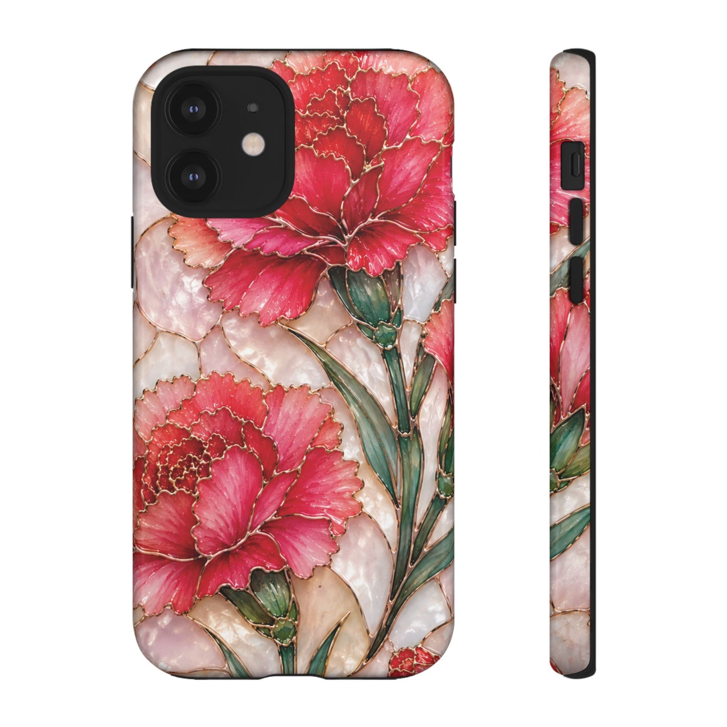 Stained Glass Effect Carnation Floral Tough Phone Case – Pink Vintage Botanical Protective Cover