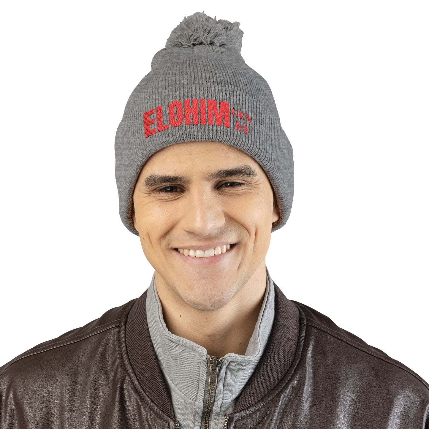 Red Pom-Pom Knit Cap with 'ELOHIM, GENESIS 1:1'  Embroidery Beanie - Stylish Winter Accessory for All Ages, Perfect Gift for Birthdays, Holidays, and Outdoor Activities