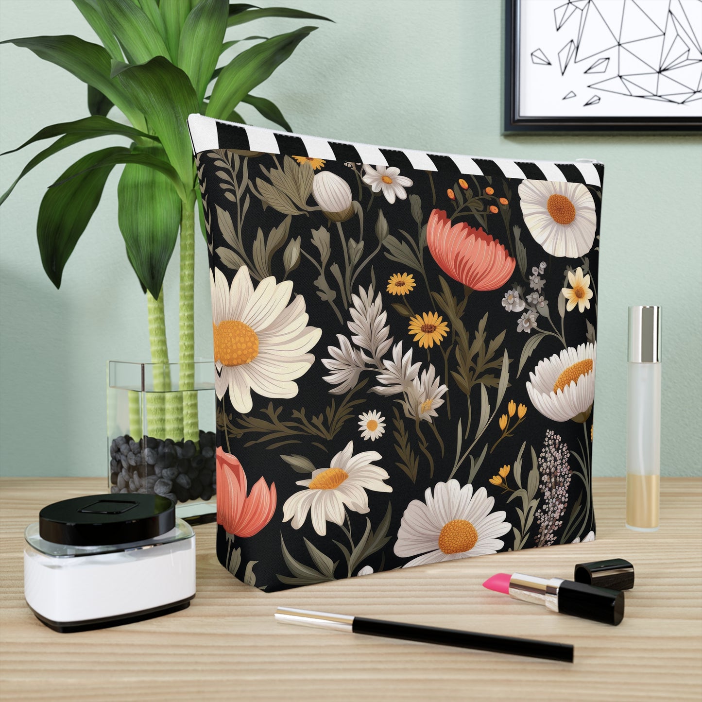 Blossom Elegance: Noir Garden Cotton Cosmetic Bag