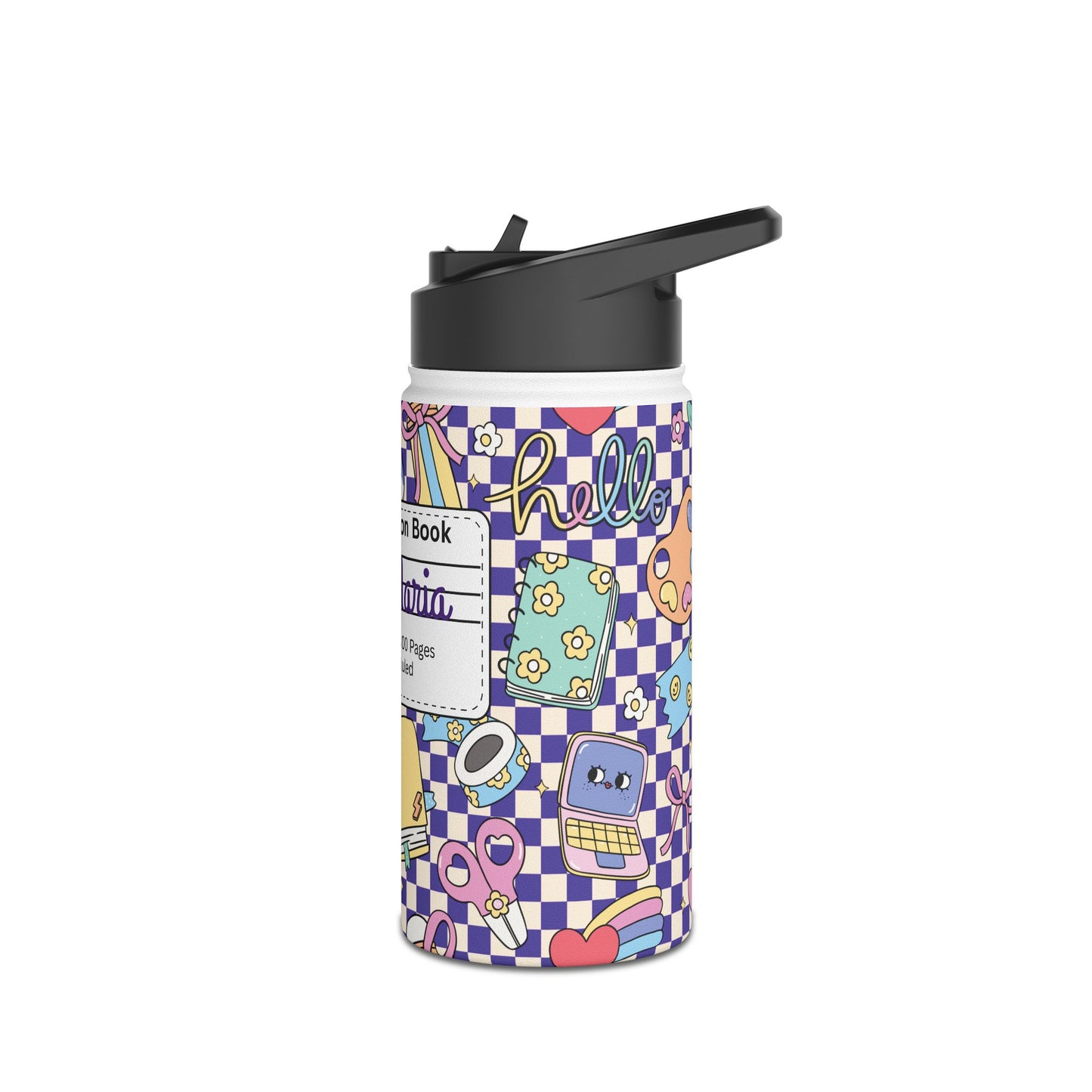 Personalized Purple Doodle Daydream Composition Book Inspired Stainless Steel Water Bottle for Kids, School Supplies, Eco-Friendly Drinkware, Back to School, Teacher Gifts