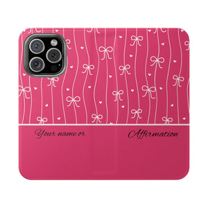 Personalized Pink Bow Coquette Flip iPhone and Samsumg Case — Custom Name or Affirmation Wallet Cover