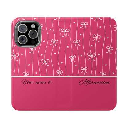 Personalized Pink Bow Coquette Flip iPhone and Samsumg Case — Custom Name or Affirmation Wallet Cover