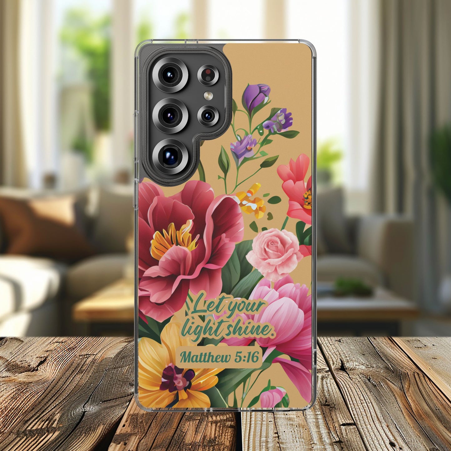Clear Floral Bible Verse Phone Case — "Let Your Light Shine" (Matthew 5:16) for iPhone and Samsung Cases.