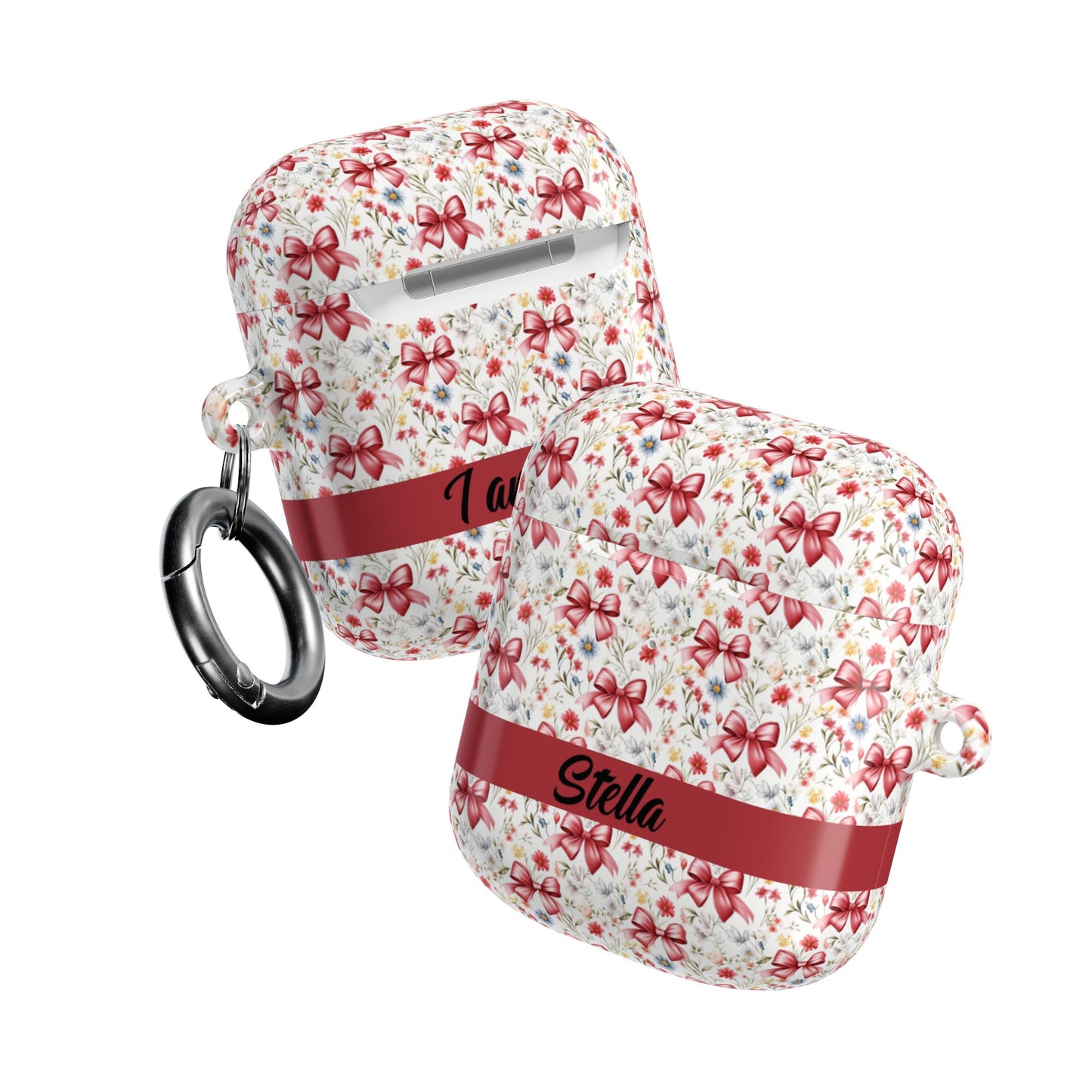 Personalized Rosette Coquette Floral AirPods Pro Gen 1, 2 and Airpods Gen 1, 2, 3, 4 Case — Red Bow Pattern with Custom Name Text.