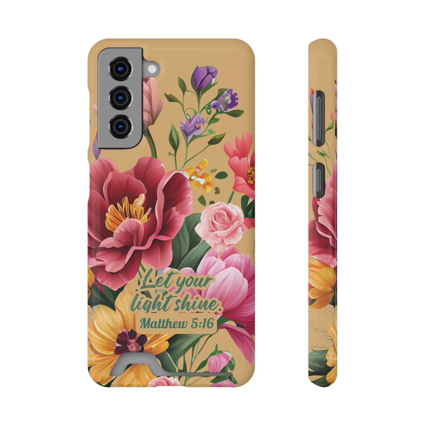 Floral Bible Verse Phone Case with Card Holder — "Let Your Light Shine" (Matthew 5:16)