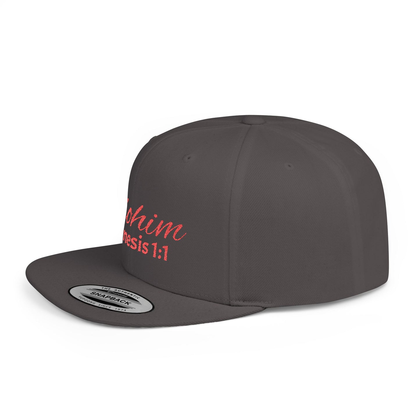 Red Embroidery 'ELOHIM, GENESIS 1:1' Flat Bill Snapback Hat, Stylish Cap for Everyday Wear, Church Events, Gift for Him/Her, Streetwear Accessory, Casual Fashion