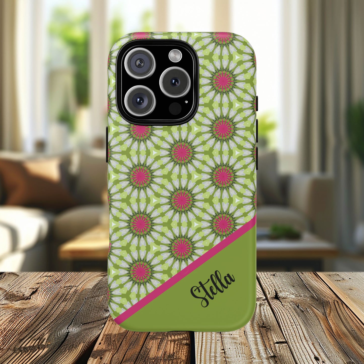 Personalized Meadow Mandala Bloom Vibrant Flower  — Green & Pink Geometric Daisy Design