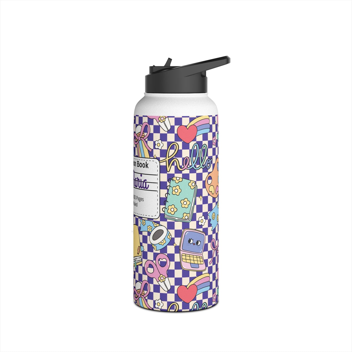 Personalized Purple Doodle Daydream Composition Book Inspired Stainless Steel Water Bottle for Kids, School Supplies, Eco-Friendly Drinkware, Back to School, Teacher Gifts