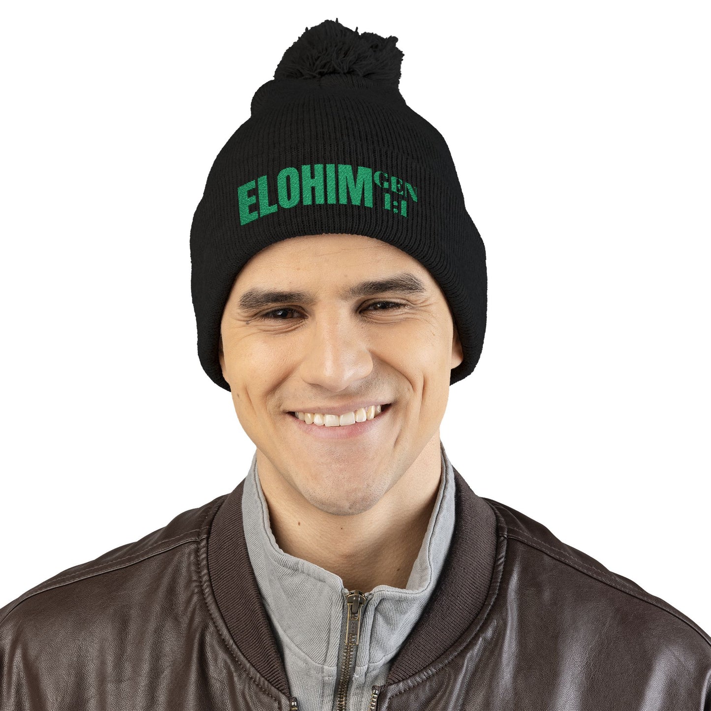 Pom-Pom Knit Cap with 'ELOHIM, GENESIS 1:1'  Embroidery Beanie - Stylish Winter Accessory for All Ages, Perfect Gift for Birthdays, Holidays, and Outdoor Activities