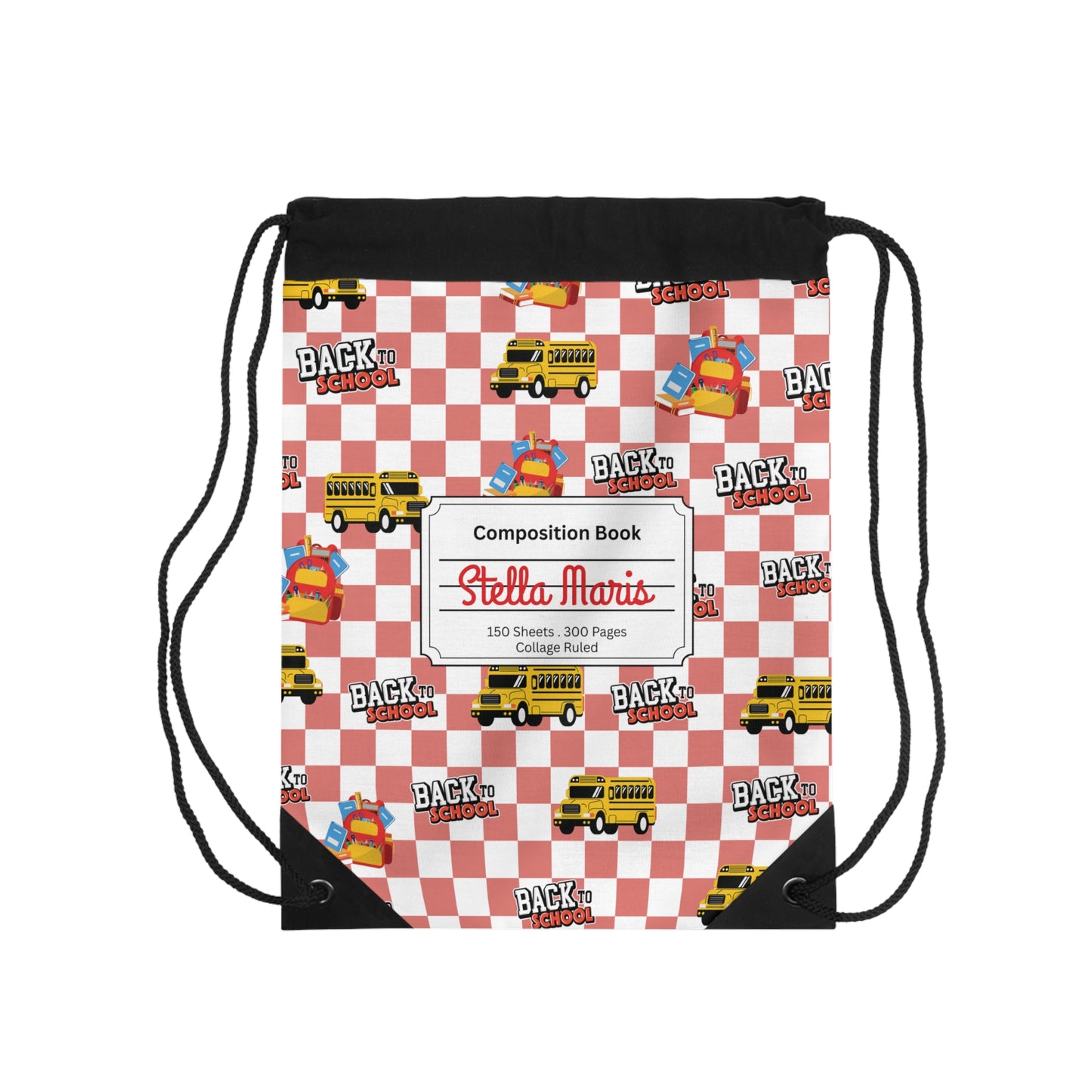 Custom Red SchoolYard Chic Composition Book Inspired Colorful plsyful icons Drawstring Bag | Personalized College Ruled Tote | Kids School Gear | Fun Gym Sack | Back to School Accessory