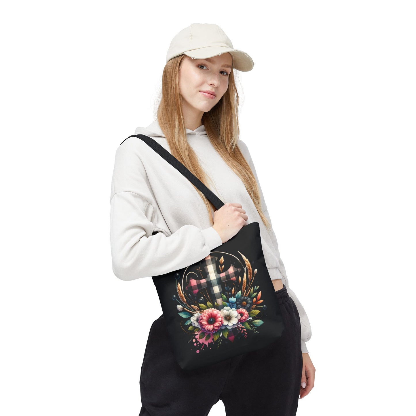 Faith and Floral Cross Heart Tote Bag