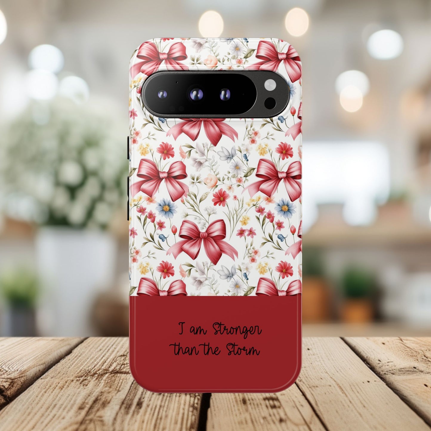 Personalized Rosette Coquette Phone Case - Custom Name/Message 'I Am Stronger Than The Storm' Floral Bow Protective Case