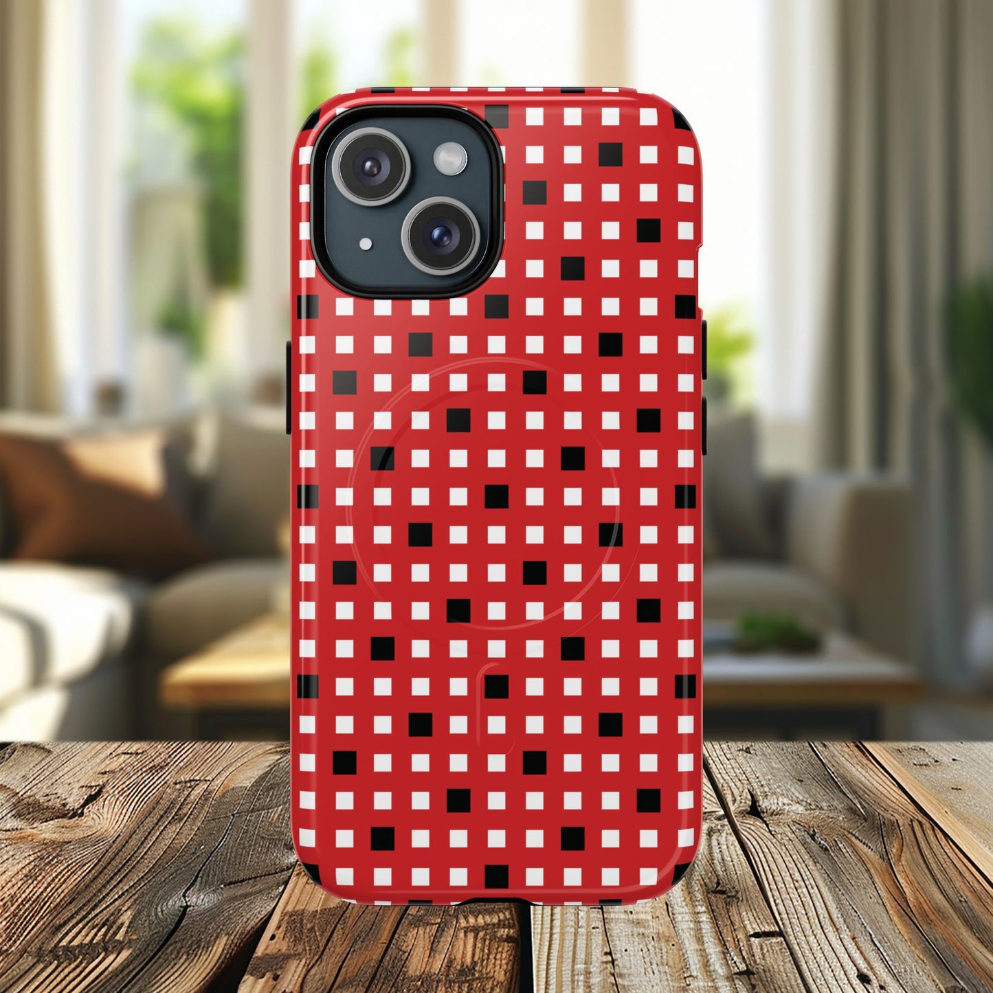Crimson Gridlock Tough iPhone Magnetic Cases, Durable iPhone Accessories, Gift for Tech Lovers, Modern Design