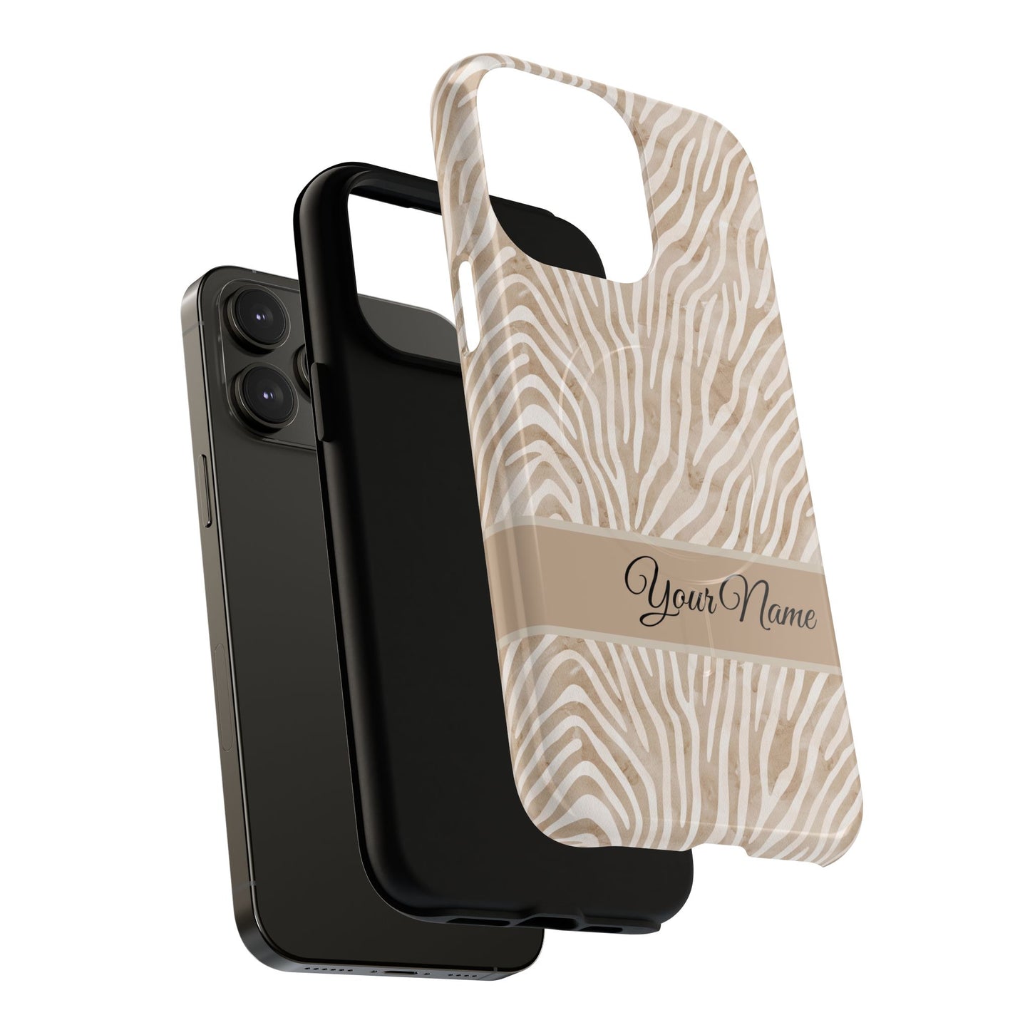 Personalized Zebra Animal Print Cover, Tough Magnetic MagSafe® iPhone® 13, 14, 15, 16, 17, Pro, Pro Max, Plus Cases (Custom Name).