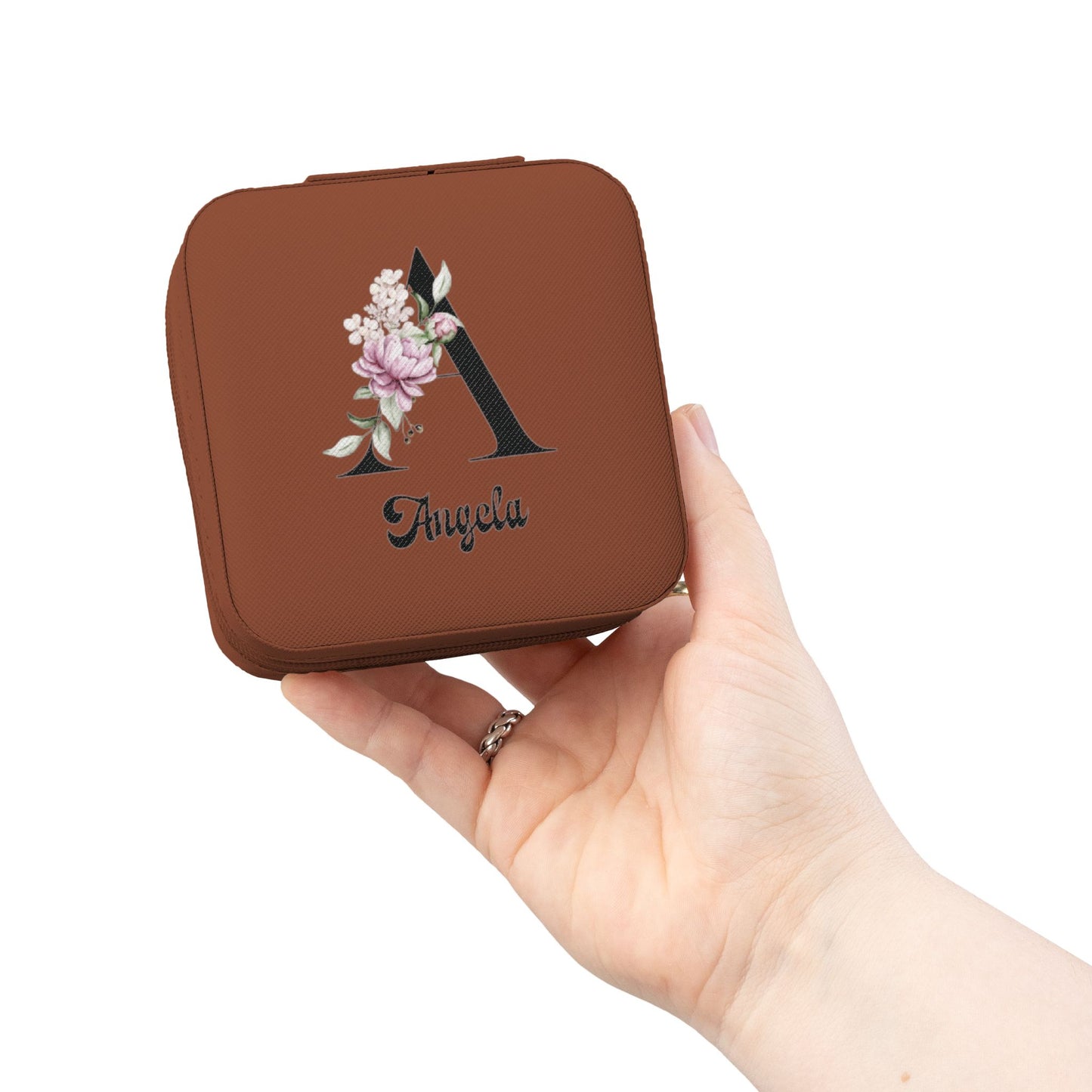 Personalized Floral Monogram Jewelry Travel Case — Compact Pink Ring & Earring Organizer (Custom Name)