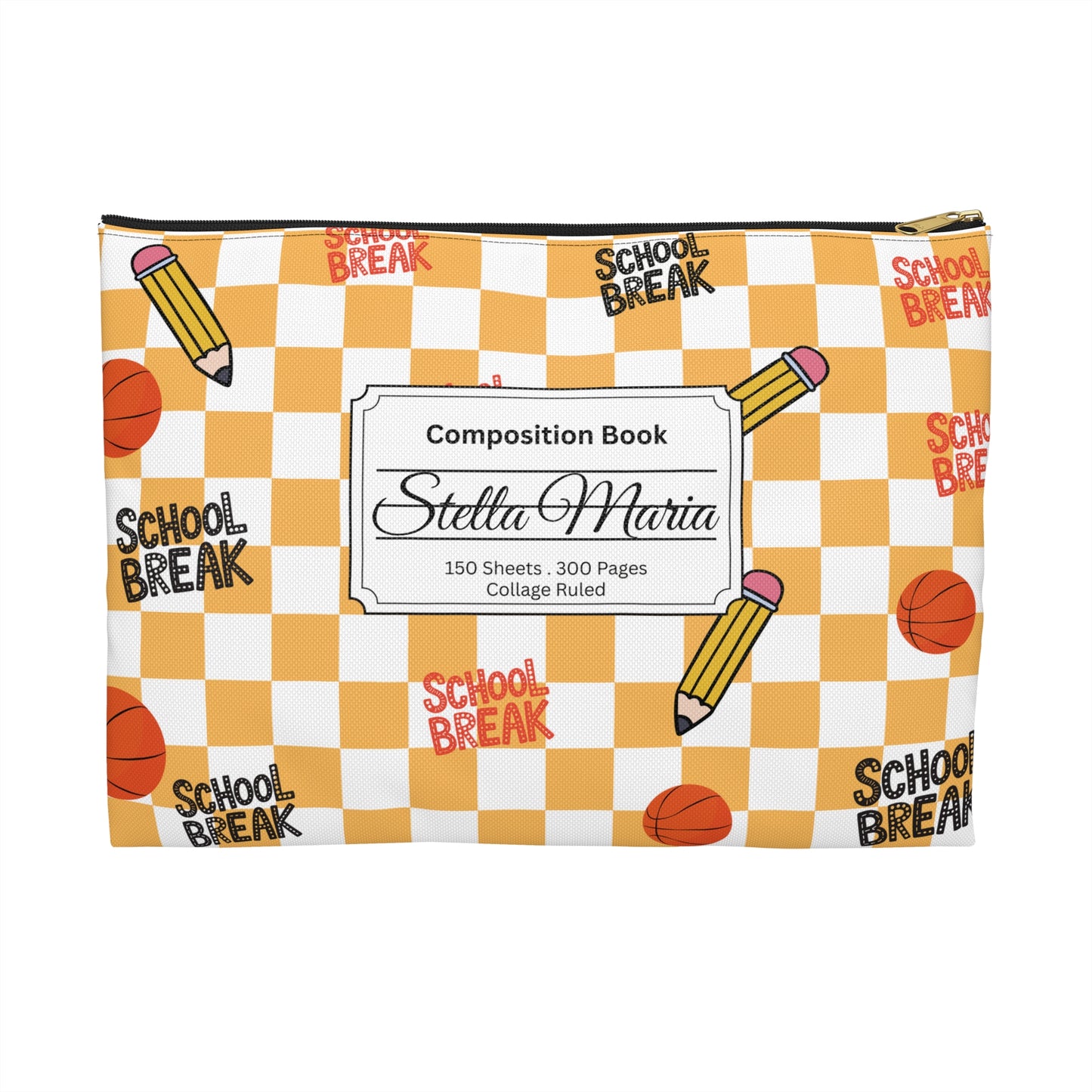 Personalized Orange Schoolyard Chic Composition Book Inspired Accessory Pouch, Kids School Supplies, Classroom Organizer, Teacher Gift, Fun Stationery Case, Back to School
