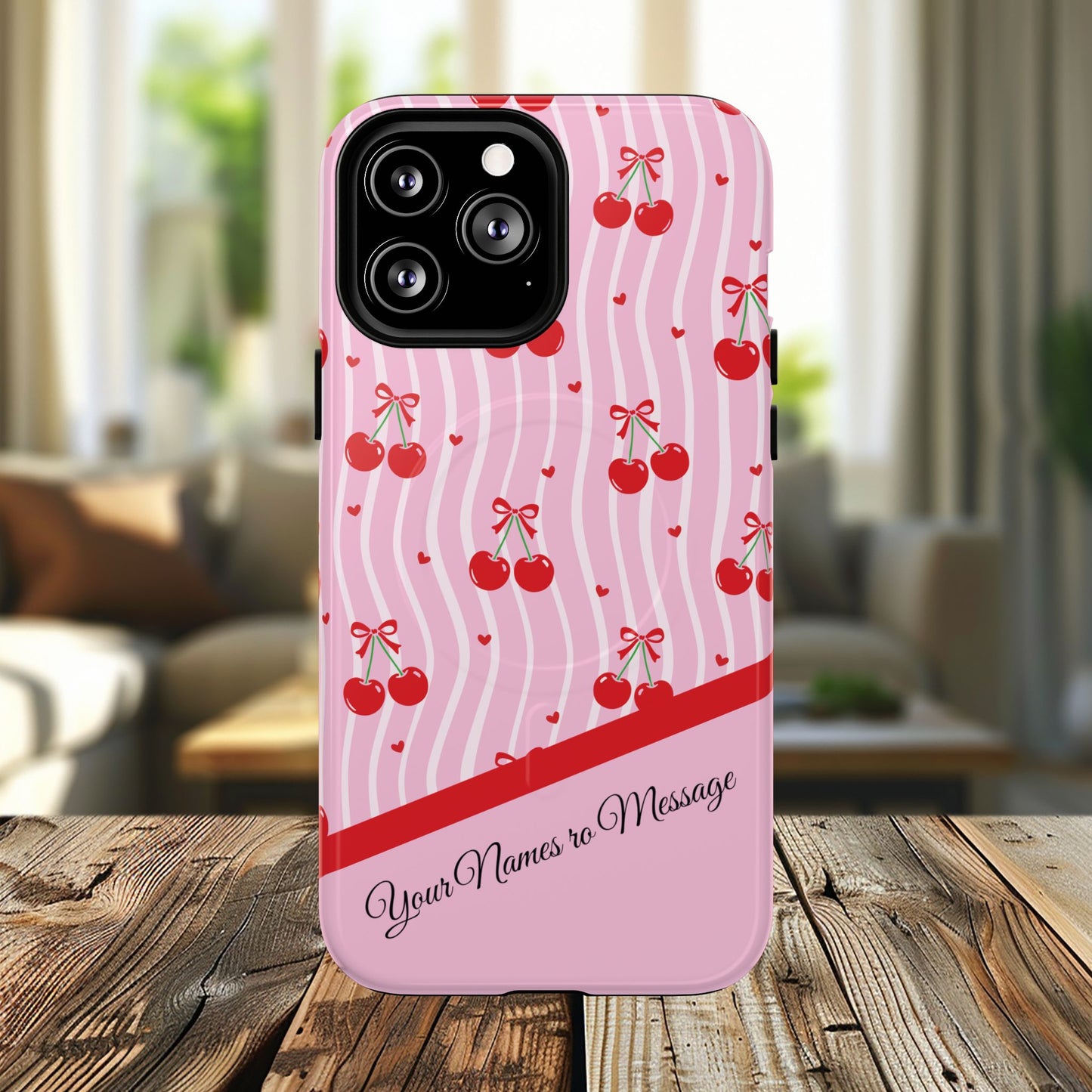 Personalized Cherry Blossom Dreams Tough Magnetic MagSafe® iPhone® 13, 14, 15, 16, 17, Pro, Pro Max, Plus Cases.— Pink Retro (Custom Name)