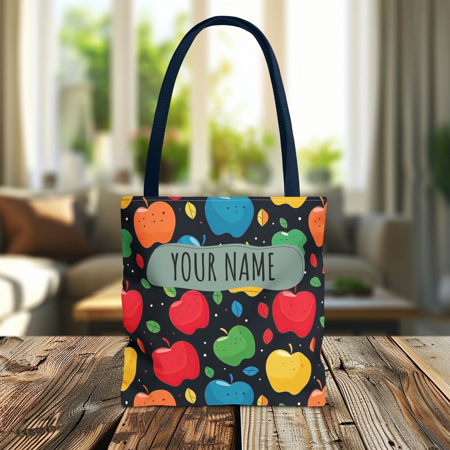 All-Over Apple Print Personalized Tote Bag — Durable Everyday Carry (3 Sizes, 5 Handle Colors)