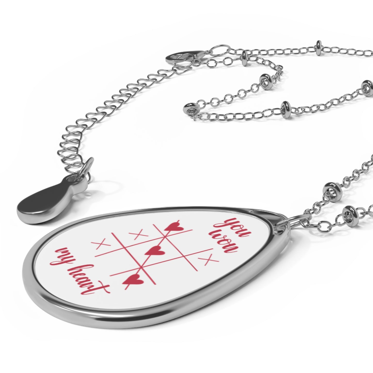 Oval Necklace — "You Won My Heart" Tic-Tac-Toe Teardrop Pendant (Romantic Gift for Giftfriend, Wife, Sisters).