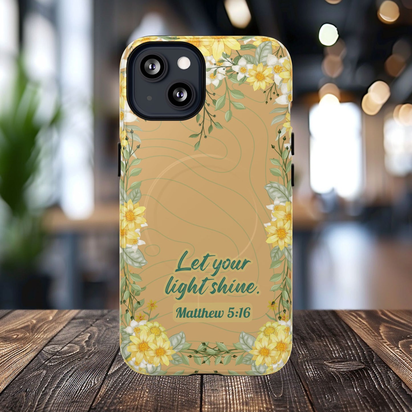 Let your Light Shine Matthew 5:16, Inspirational Gift, Tough iPhone Magnetic Case Scripture, Floral Bible Verse, MagSafe® iPhone® Tough Case, iPhone 14, iPhone 15, iPhone 16, Pro, Pro Max, Plus.