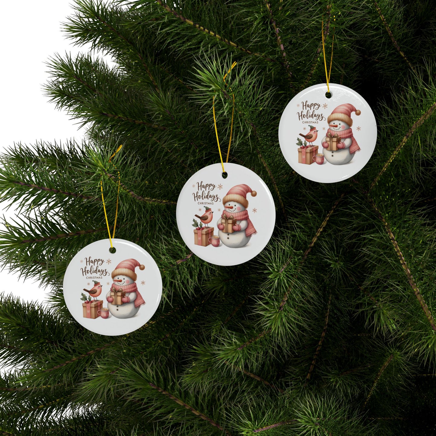 Snowman Ceramic Ornaments, 2-Side Print, (1pc, 3pcs, 5pcs, 10pcs)
