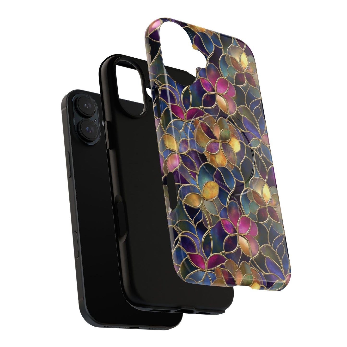 Chromatic Bloom Tough iPhone Magnetic Case, Tough iPhone Cover, Floral iPhone Accessory, Birthday Gift, Elegant Tech Decor, MagSafe Stained Glass Pattern.