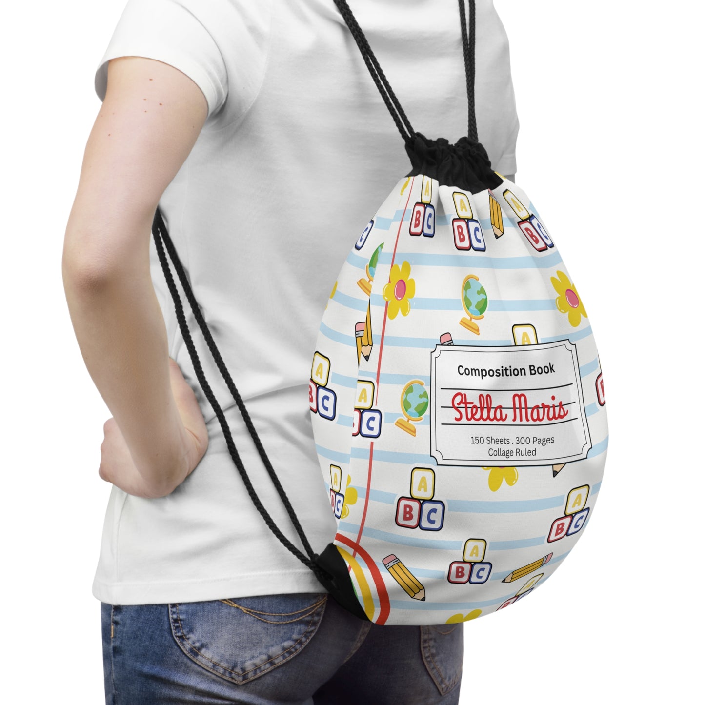 Custom White SchoolYard Chic Composition Book Inspired Colorful playful icons Drawstring Bag | Personalized College Ruled Tote | Kids School Gear | Fun Gym Sack | Back to School Accessory