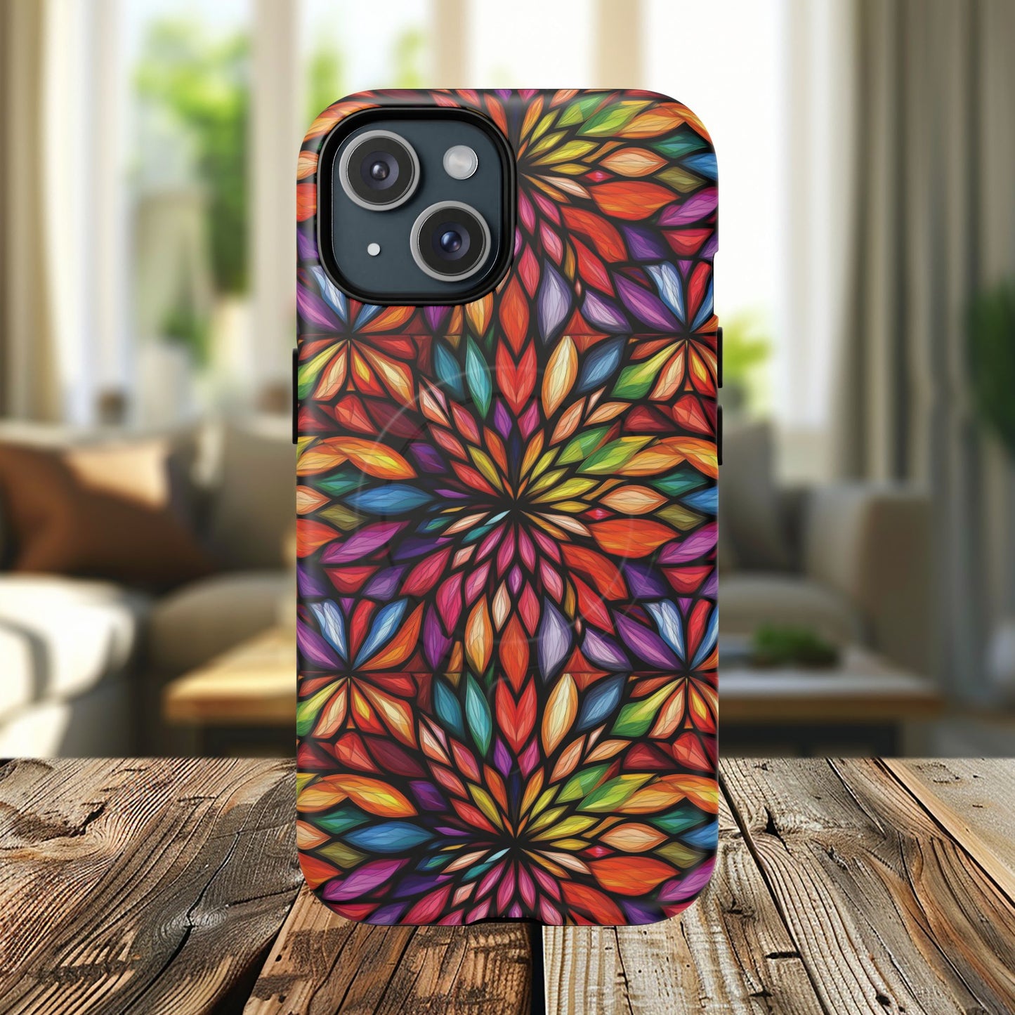 Prism Bloom Tough iPhone Magnetic Case, Stained Glass  MagSafe Cases, iPhone Accessory, Floral Design, Unique Gift, iPhone Protection