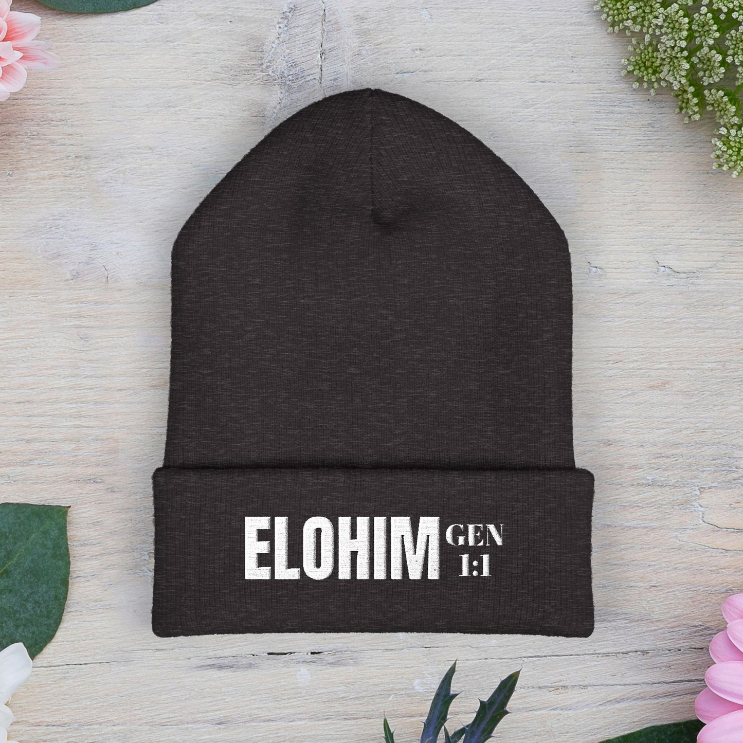 Embroidered 'ELOHIM, GENESIS 1:1' Classic Cuffed Beanie - Cozy Winter Hat, Streetwear Accessory, Personalized Gifts, Religious Apparel, Unisex Beanie
