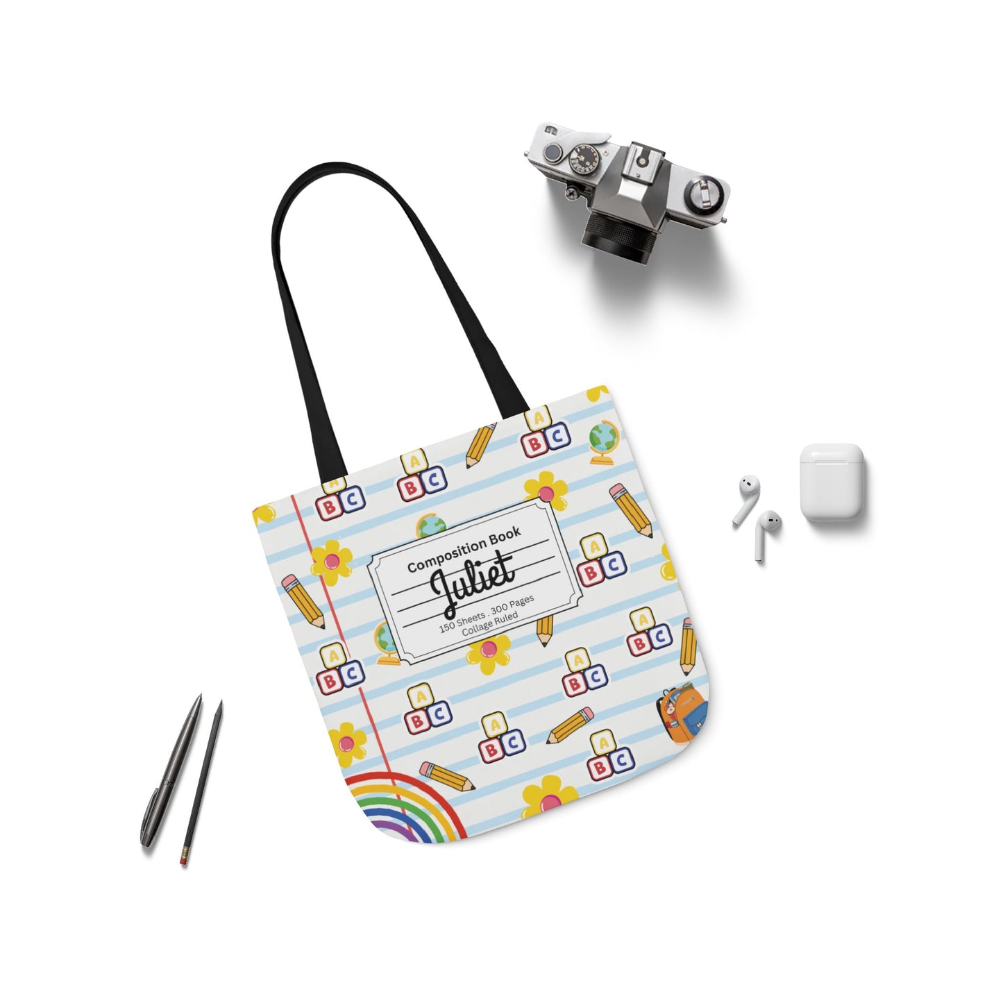 Personalized White Schoolyard Chic Composition Book Inspired Canvas Tote Bag with Colorful Straps, Cute School Bag, Eco-Friendly Tote, Back to School Shopping Bag, Teacher Gift Idea