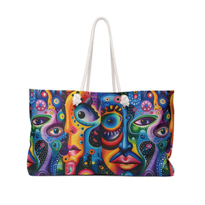 Psychedelic Visions Vibrant Artistic Weekender Bag - Colorful Faces Design for Travel & Leisure