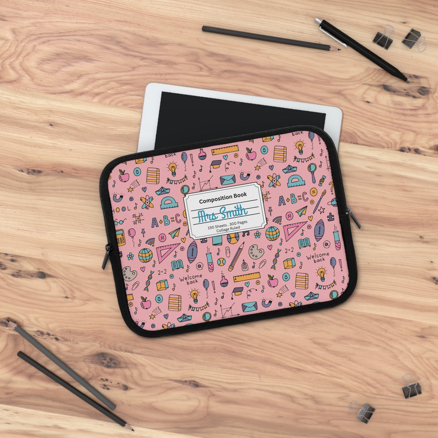 Personalized Pink Chalkboard Chic Laptop Sleeve with Composition Book Inspired Design, Customizable Tech Case, School Supplies, Gift for Students, College Essentials, Back to School