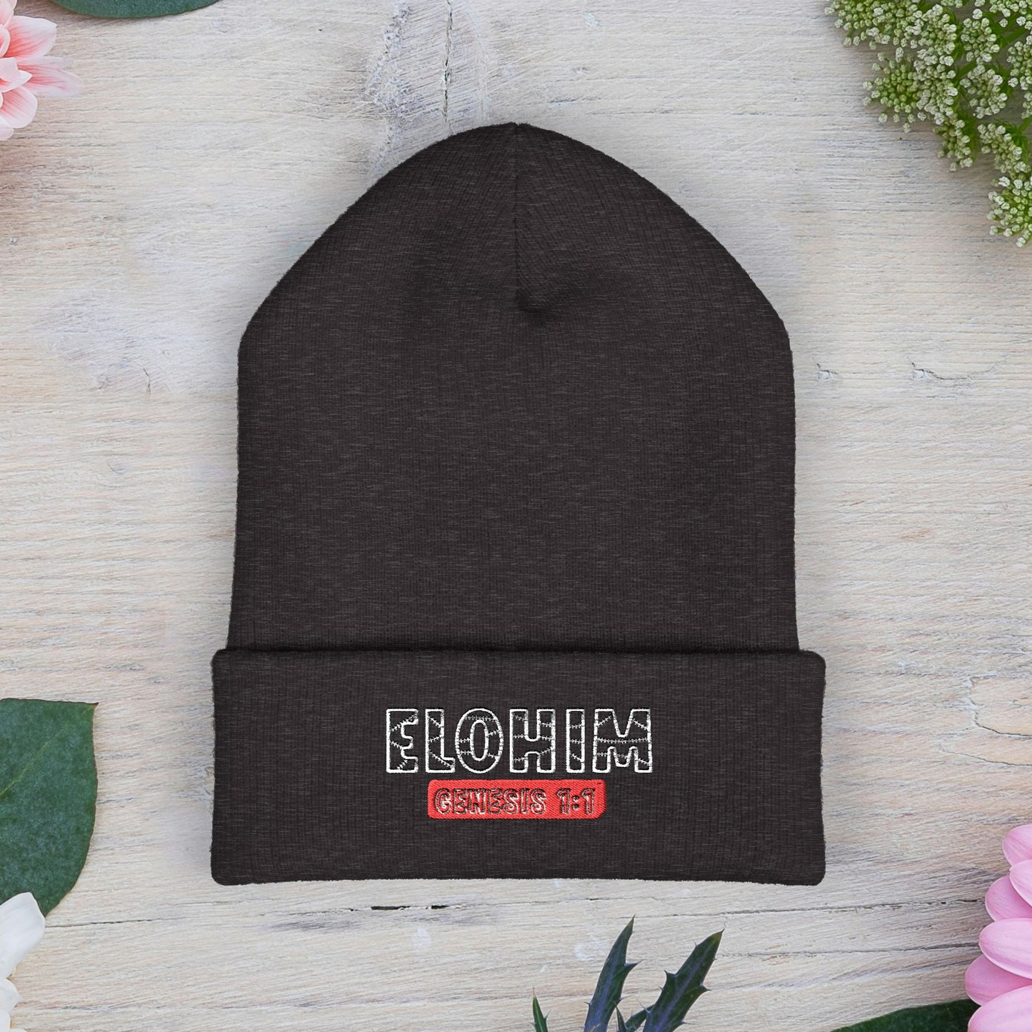 Embroidered 'ELOHIM, GENESIS 1:1' Classic Cuffed Beanie - Cozy Winter Hat, Streetwear Accessory, Personalized Gifts, Religious Apparel, Unisex Beanie
