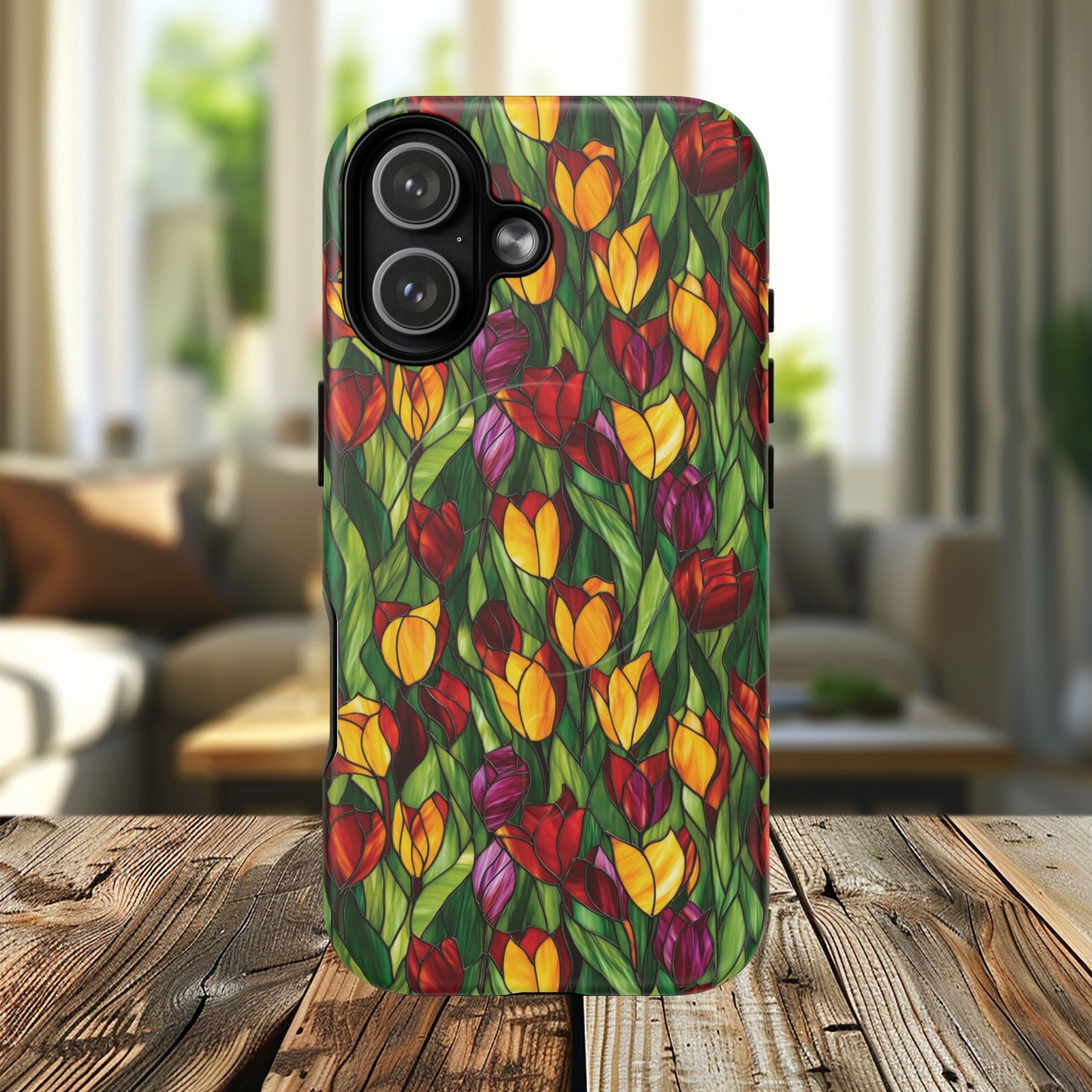 Floral Luminous Whirl Tough Magnetic iPhone Case, Stylish Protection for Everyday Life, Gift for Flower Lovers, Unique iPhone Accessory, Stained Glass iPhone Protection.