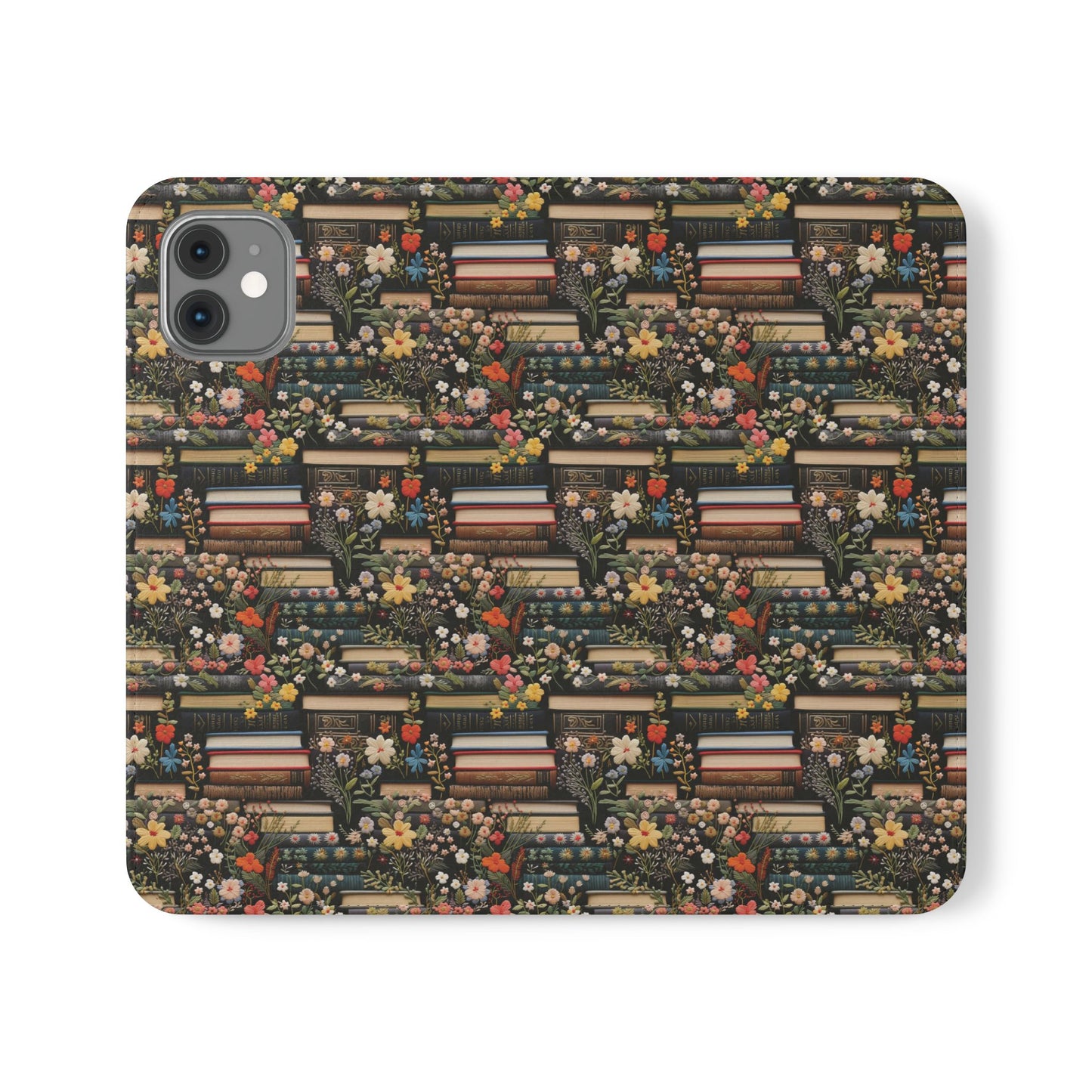 Book Stack Floral Flip iPhone and Samsung Phone Case — Vintage Library Wallet Cover.