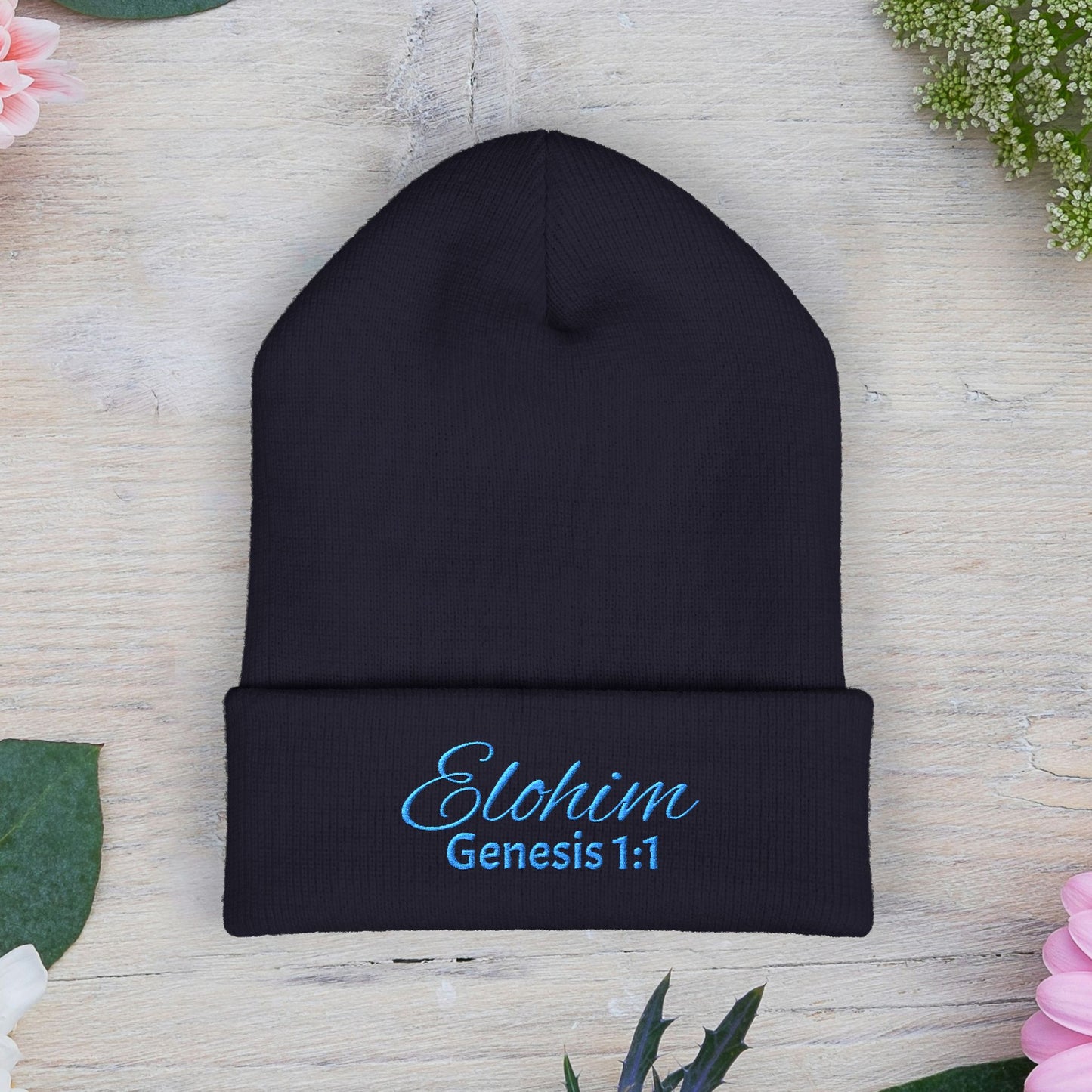 Teal Embroidered 'ELOHIM, GENESIS 1:1' Classic Cuffed Beanie - Cozy Winter Hat, Streetwear Accessory, Personalized Gifts, Religious Apparel, Unisex Beanie