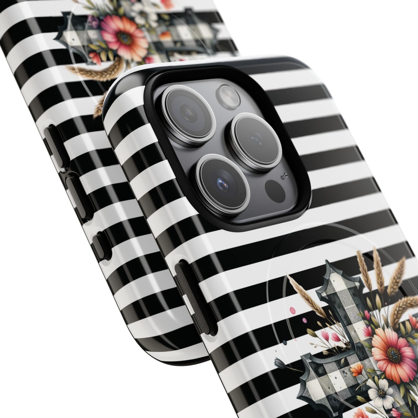 Grace in Bloom Tough Magnetic iPhone Case with Floral Cross Design, Boho iPhone Cover, Striped iPhone Case, Unique Religious Gift, Trendy Cell iPhone Accessory.