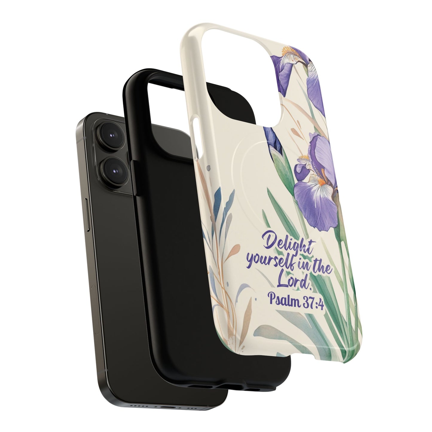 Delight yourself in the Lord Psalm 37:4, Inspirational Gift, iPhone Magnetic Case Scripture, Floral Bible Verse, MagSafe® iPhone® Tough Case, iPhone 14, iPhone 15, iPhone 16, Pro, Pro Max, Plus.