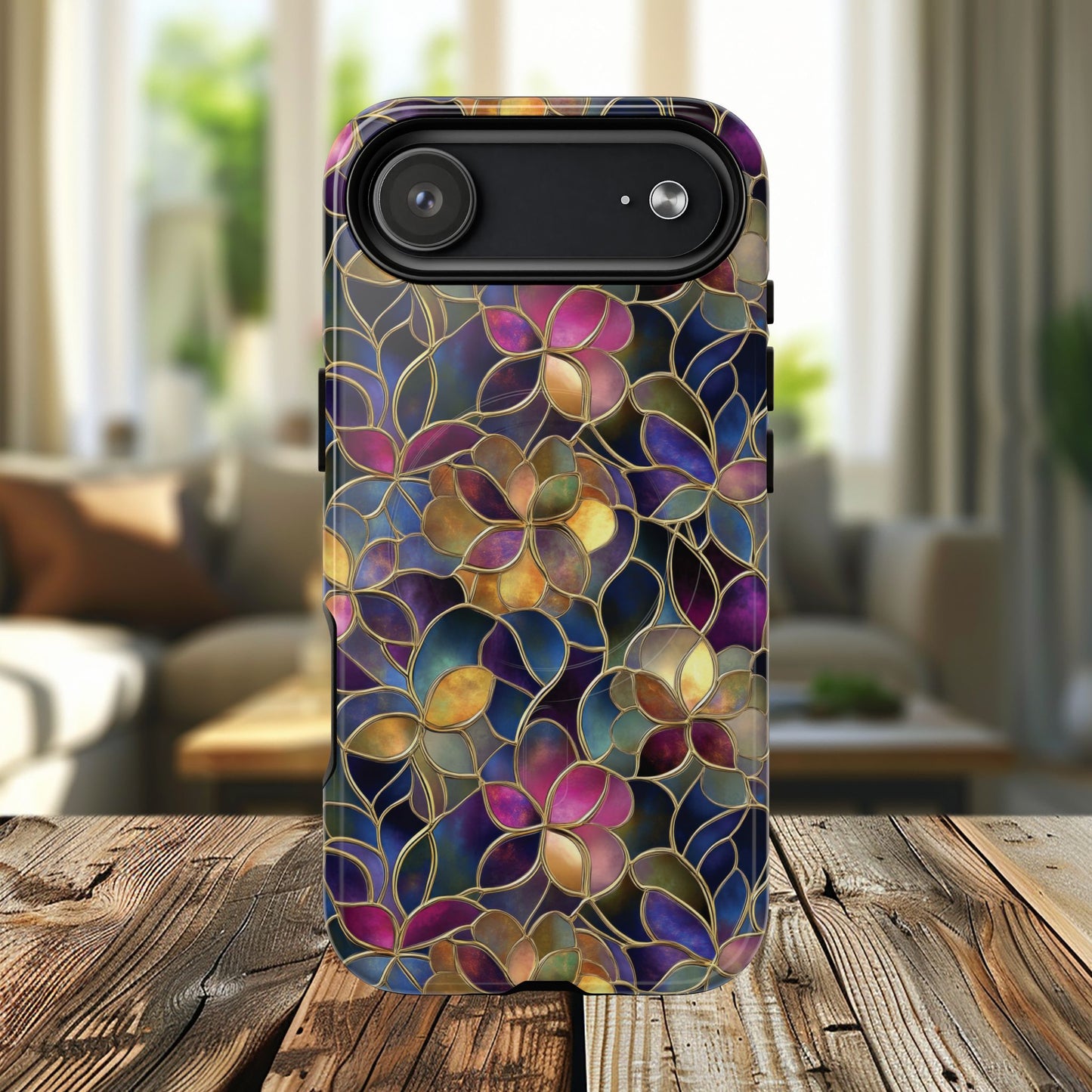 Chromatic Bloom Tough iPhone Magnetic Case, Tough iPhone Cover, Floral iPhone Accessory, Birthday Gift, Elegant Tech Decor, MagSafe Stained Glass Pattern.