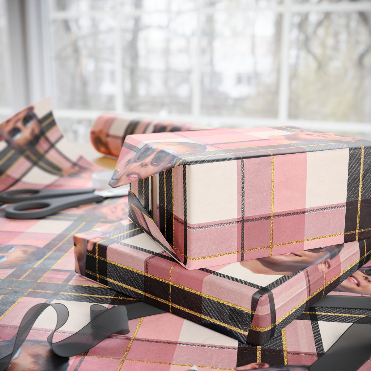 Personalized Image Plaid Wrapping Paper Roll — Pink Tartan Gift Wrap