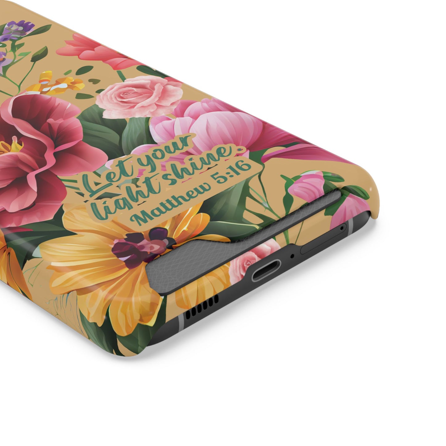 Floral Bible Verse Phone Case with Card Holder — "Let Your Light Shine" (Matthew 5:16)
