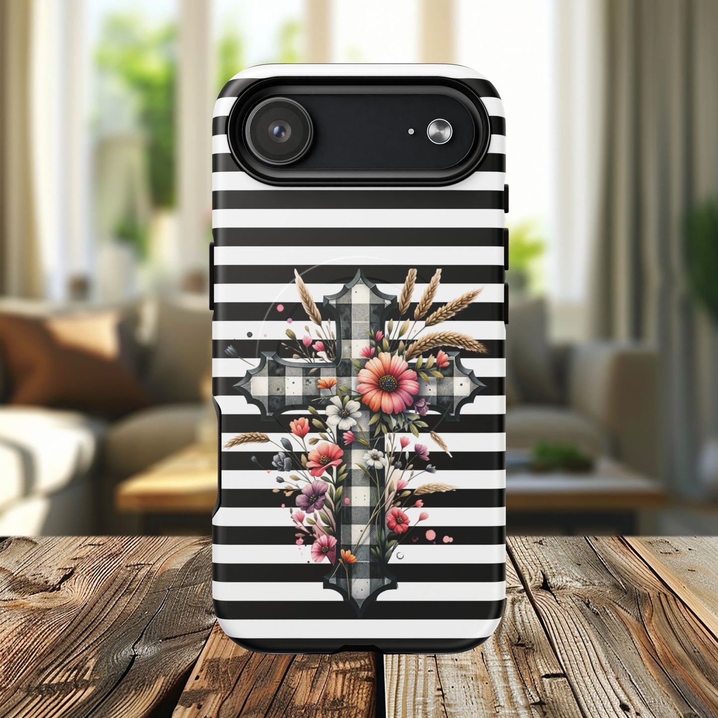 Grace in Bloom Tough Magnetic iPhone Case with Floral Cross Design, Boho iPhone Cover, Striped iPhone Case, Unique Religious Gift, Trendy Cell iPhone Accessory.